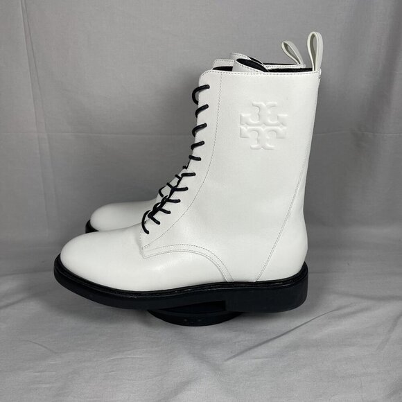 Tory Burch Women's Double T-Croc Embossed White Leather Combat Boots Size 9-NEW - Picture 3 of 7